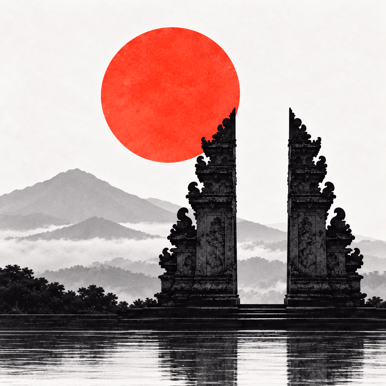 Stylized illustration of a Balinese candi bentar split gate before misty volcanoes under a large red sun