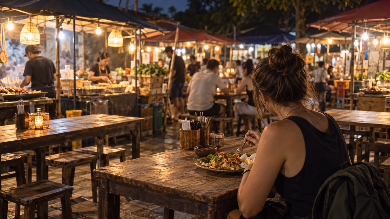 Illustration of a solo traveler dining at a Bali night market with food stalls behind her