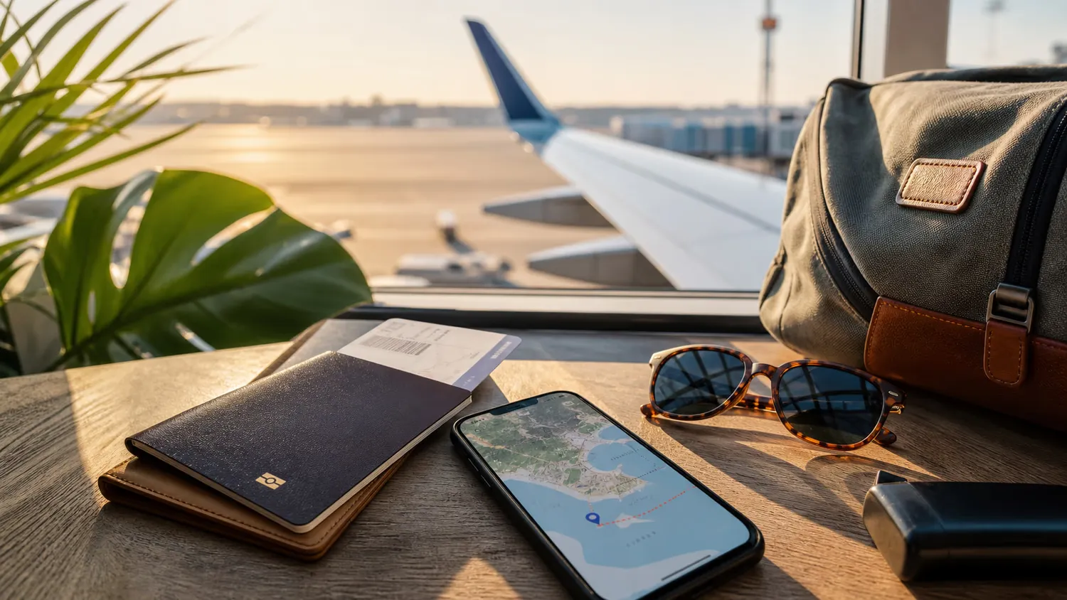 Passport, phone, and carry-on essentials ready for a Bali flight