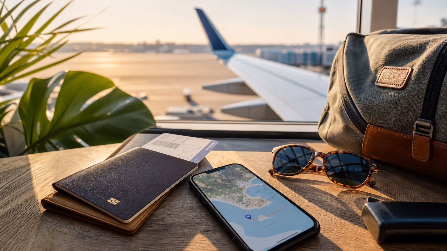 Passport, phone, sunglasses, and carry-on essentials prepared for a solo flight to Bali