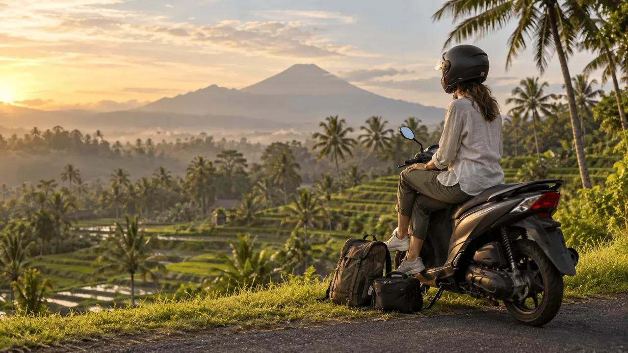 Solo traveler in a helmet sitting on a rented scooter above terraced rice fields in Bali with a volcano in the morning haze