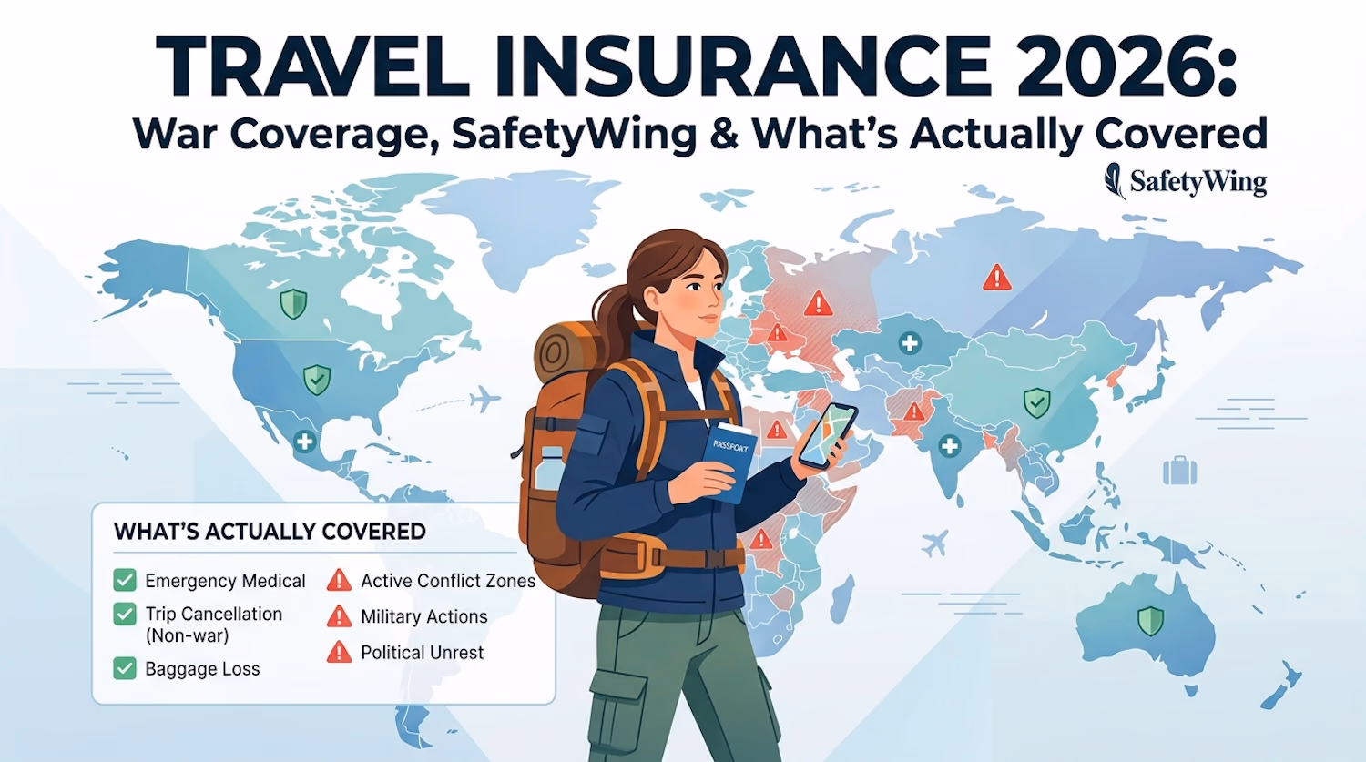 SafetyWing coverage comparison infographic showing war exclusions and Bali-specific risk breakdown