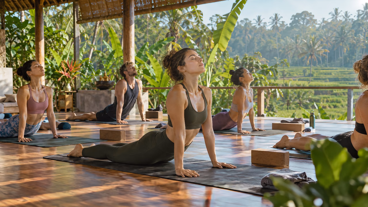 Small group practicing yoga in an open-air shala overlooking tropical greenery and rice fields