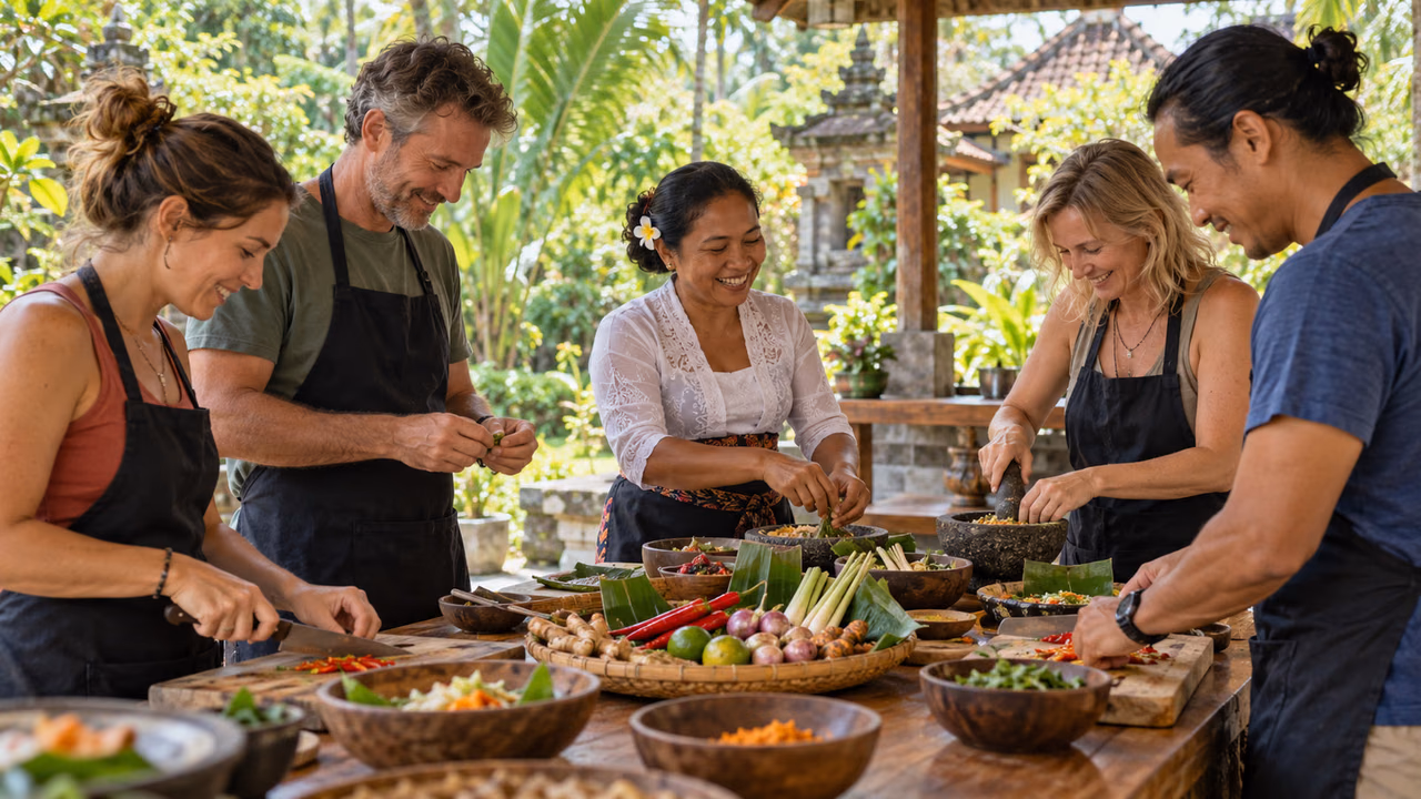 AI-generated illustration of adult travelers preparing food together at an open-air cooking class