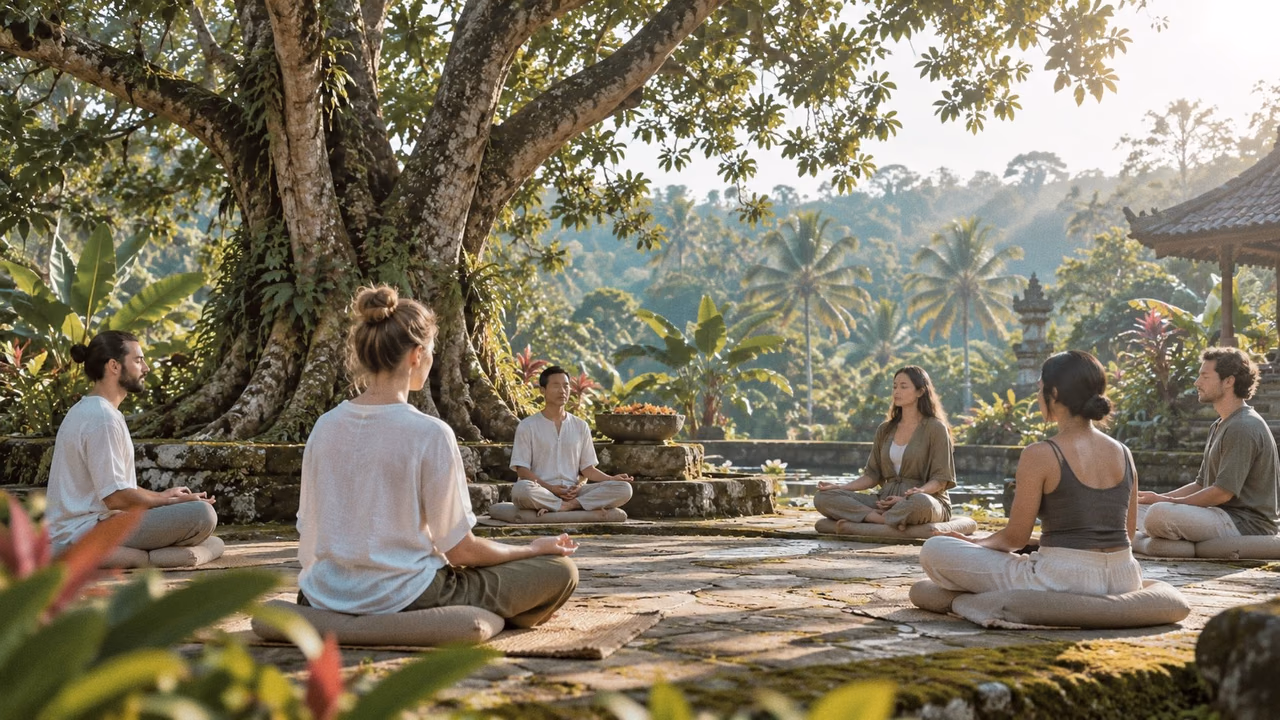 Small group meditating quietly beneath a large tree at a tropical Bali retreat