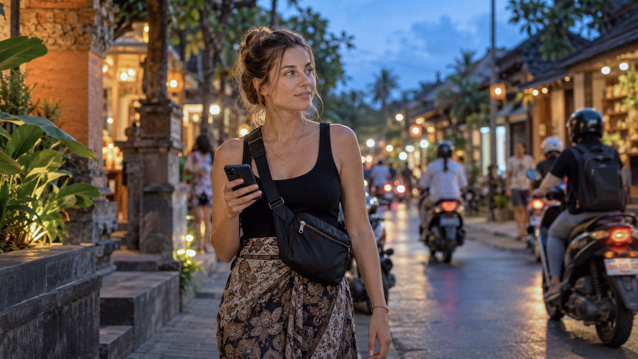 Woman walking alone along a lit Bali street at dusk with a crossbody bag and her phone in hand, scooters passing on the road