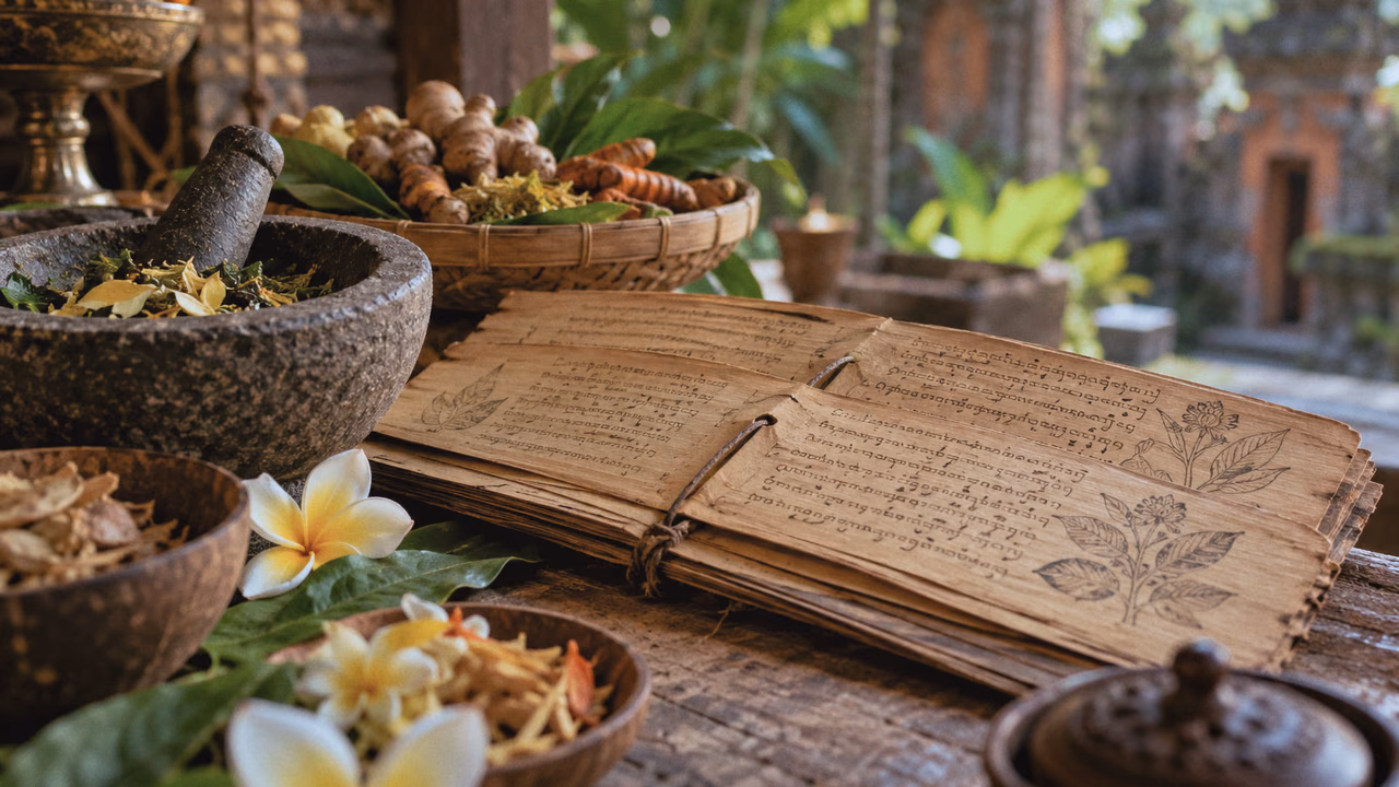 Palm-leaf manuscript illustration beside a stone mortar, herbs, roots and flowers